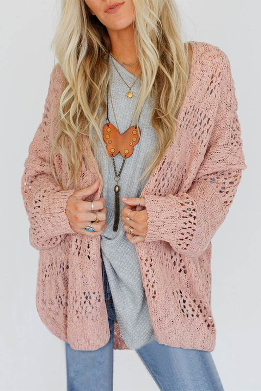 Rosa lässige strickjacke mit dolman-ärmeln und lochmuster