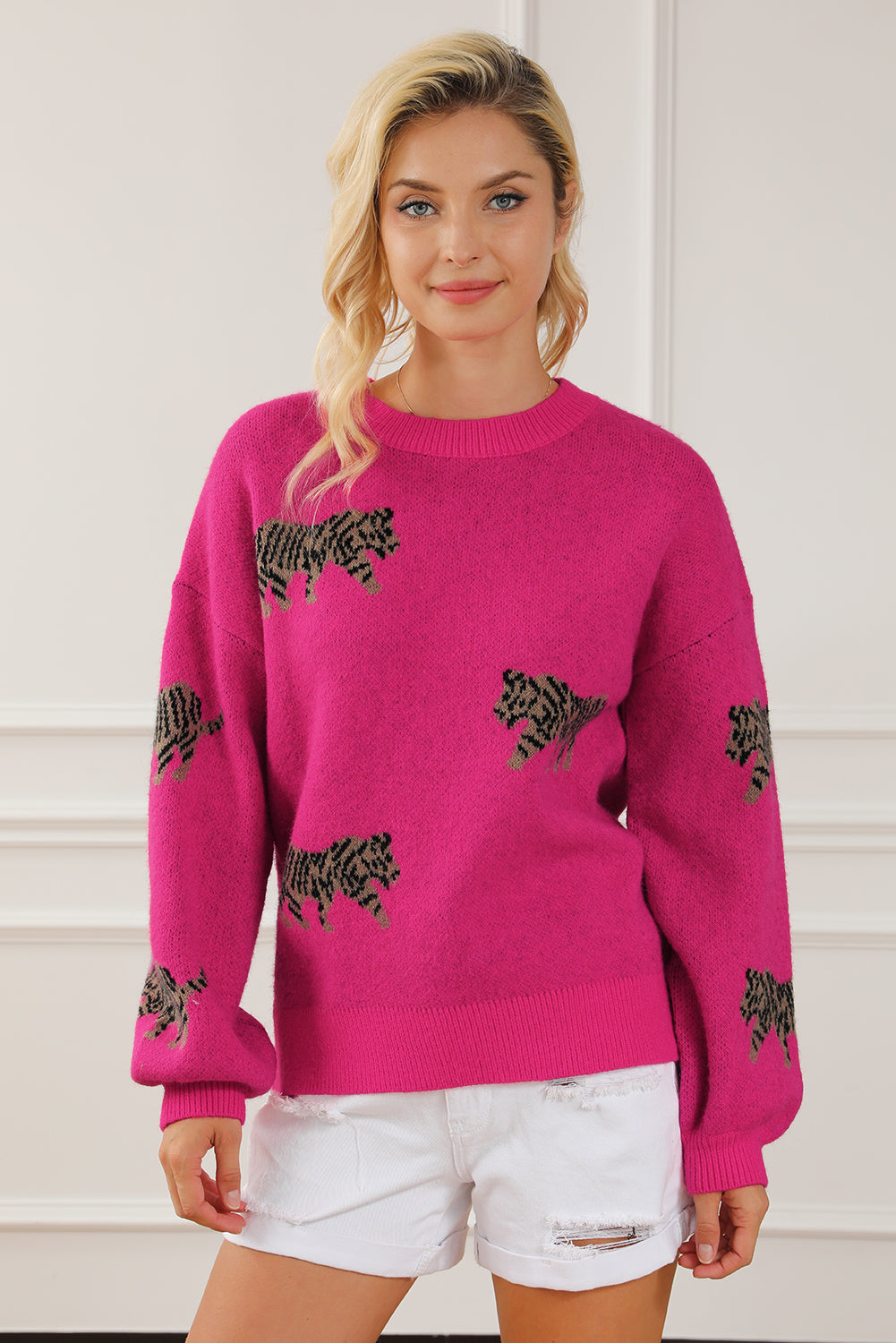 Rose rot fierce animal pattern casual pullover gestrickt