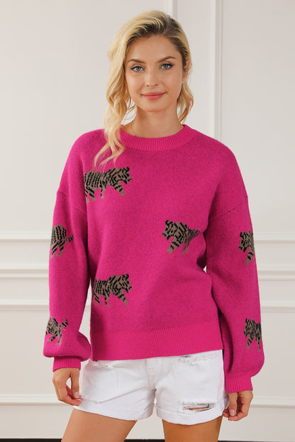 Rose rot fierce animal pattern casual pullover gestrickt
