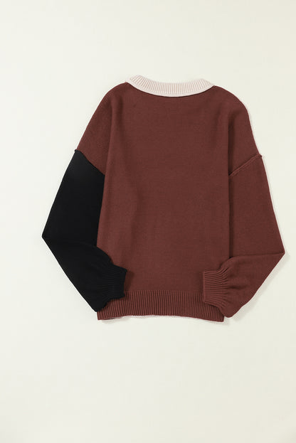 Kaffee colorblock pullover mit gerippten ärmeln und zierleisten