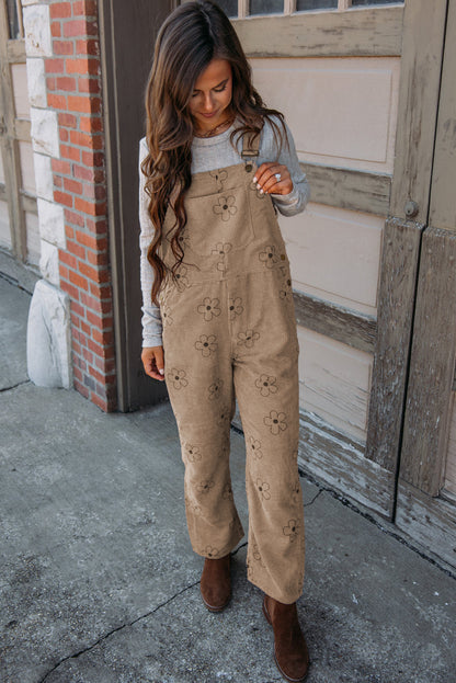 Khakifarbener kord-overall mit blumendruck