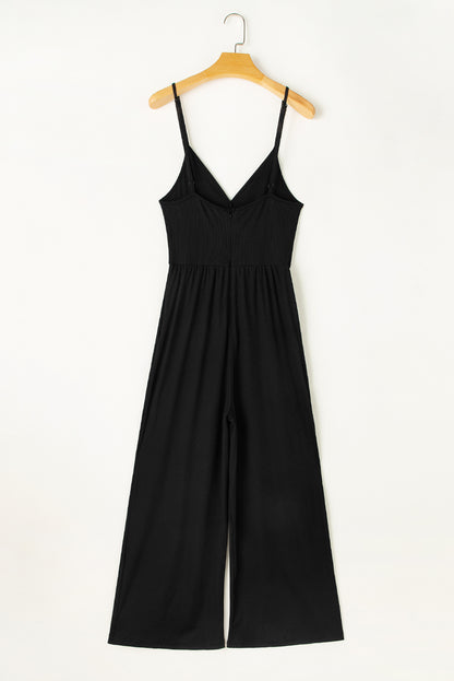 Schwarzes weites bein mit hoher taille sexy v-ausschnitt cami jumpsuit