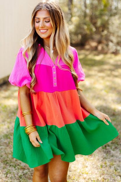 Multicolor color block tiered puff sleeve kleid