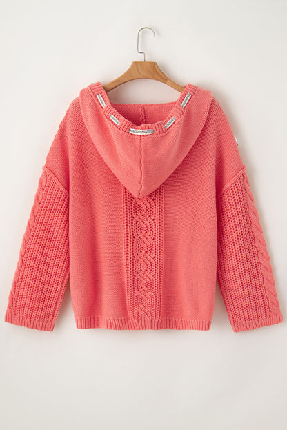 Gold flame cable knit v neck kontrast pullover mit kapuze und kordelzug