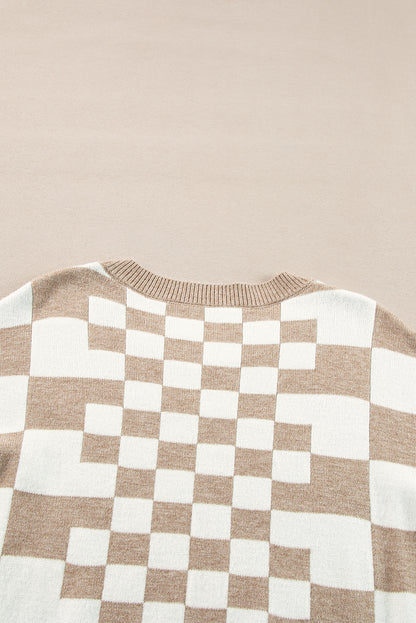 Khaki karo print drop shoulder rundhalsausschnitt pullover