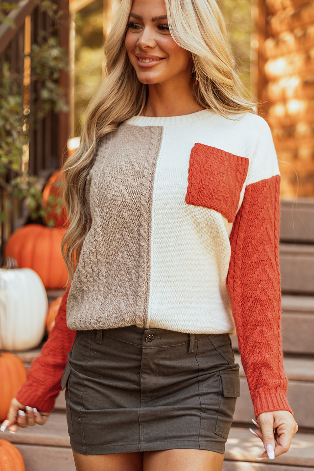 Gold flame colorblock pullover mit aufgesetzten taschen und schultertaschen