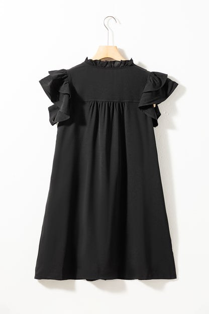 Schwarzes Shiftkleid mit Rüschenärmeln und V-Ausschnitt mit Rüschen