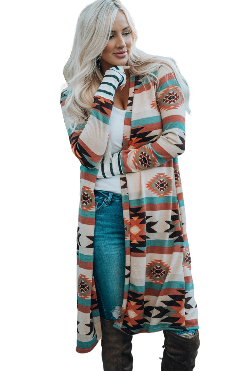 Mehrfarbig geometrisch farbe block offene vorderseite lange strickjacke
