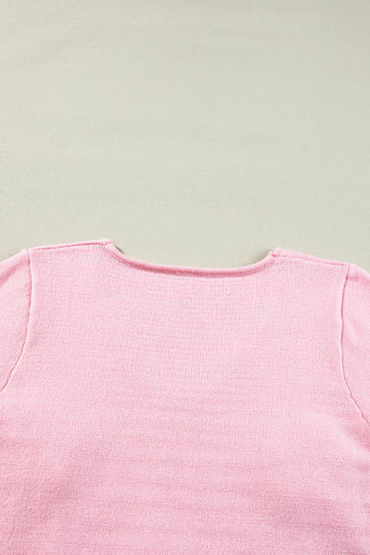 Rosa blume gehäkelt v-ausschnitt kurzarm pullover