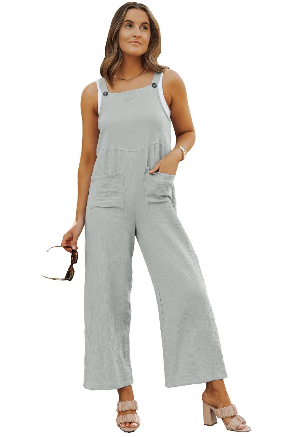 Grauer strukturierter overall mit weitem bein und taschen