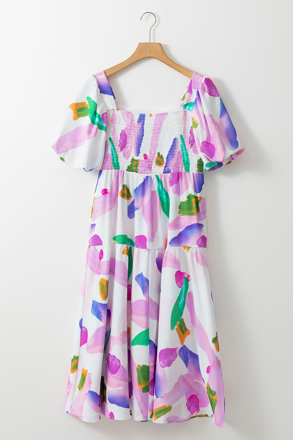 Lila Abstraktes Print Puffärmel Midikleid mit gesmoktem Rücken