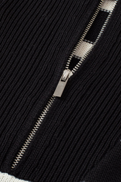 Schwarzer streifenstrickpullover mit reißverschlusskragen tank