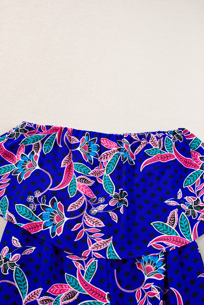 Blue mix tropical print trägerloser geraffter jumpsuit