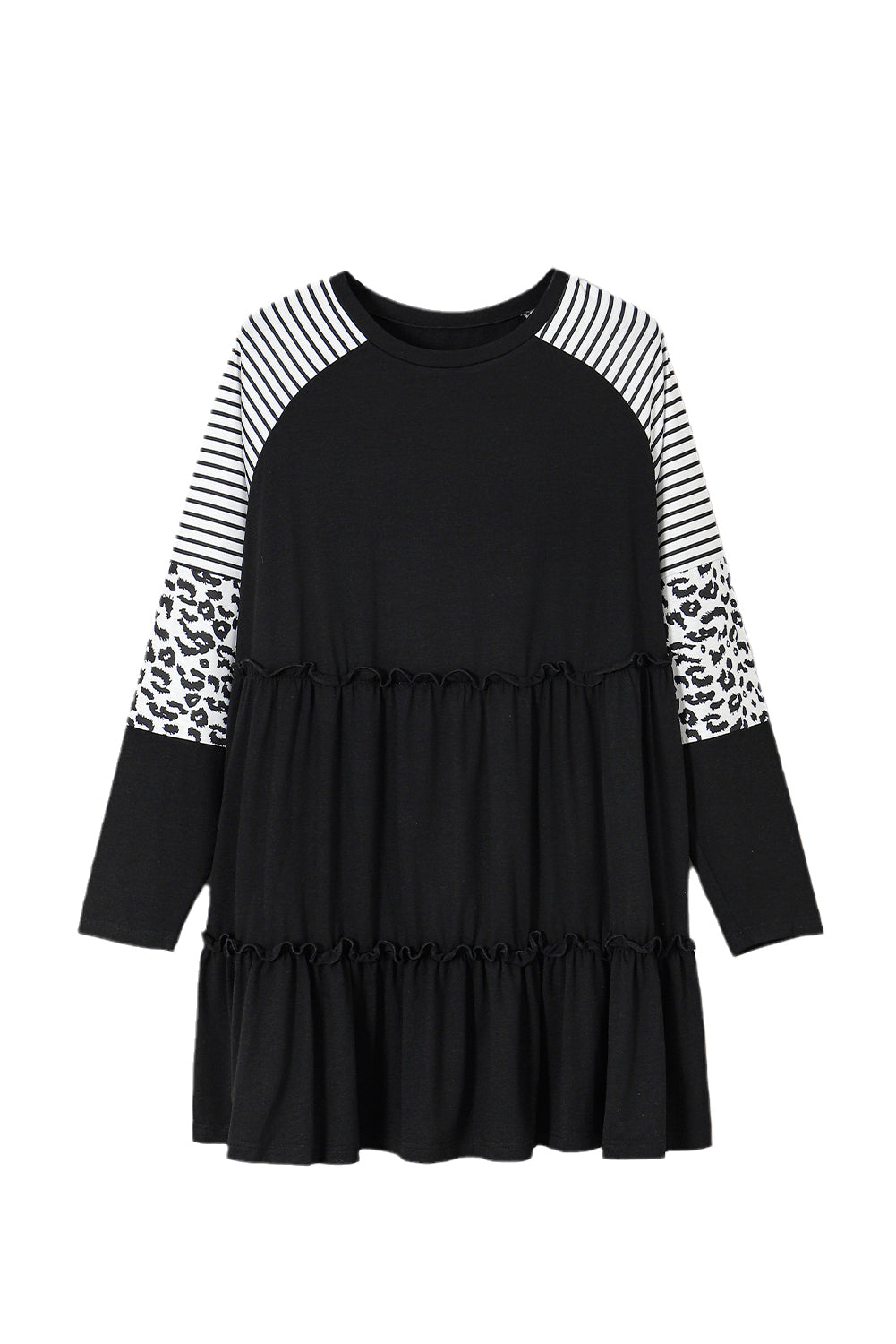 Schwarzes gestreiftes leoparden-patch-ärmel-rüschen-kleid in übergröße