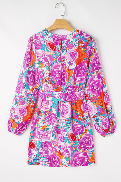 Lila floral keyhole back langärmeliges kleid mit gürtel