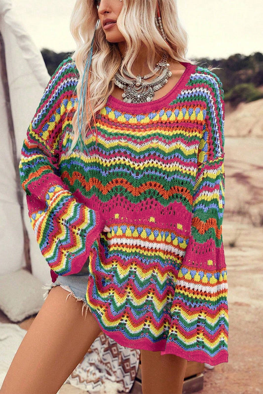 Rosenroter colorblock gestreifter strickpullover mit losen ärmeln