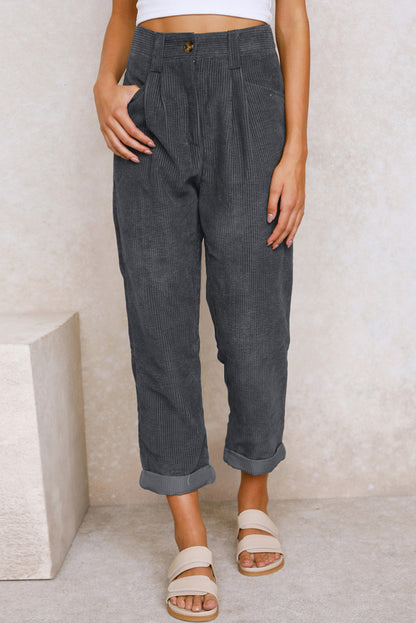 Graue kordhose mit hoher taille und geradem bein