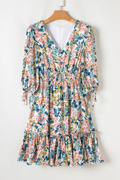Himmelblau floral 3/4 ärmel v-ausschnitt hohe taille gerafftes kleid