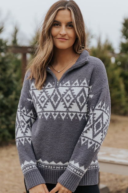 Grauer western pullover mit geometrischem aufdruck und viertelreißverschluss