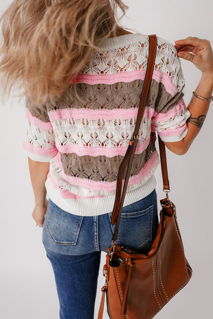 Brown stripe color block hollow out crochet half sleeve pullover