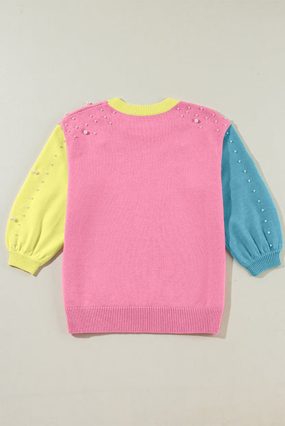 Rosenroter colorblock pullover mit rundhalsausschnitt und halben ärmeln mit perlen