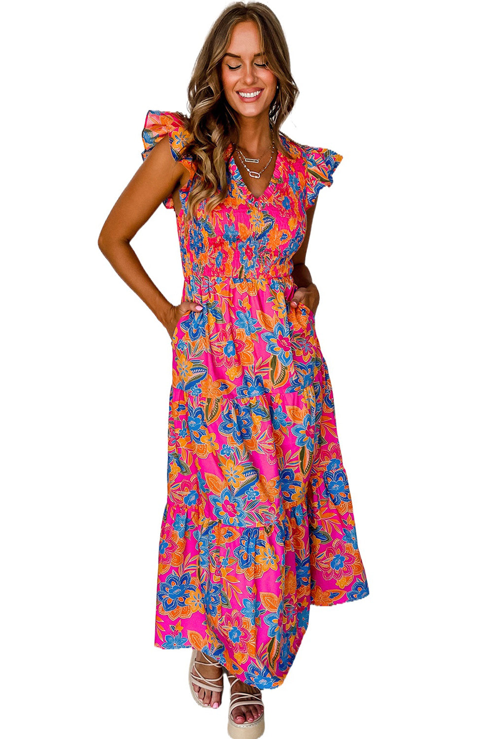 Rosenrot boho floral v-ausschnitt rüschen gestreift langes kleid
