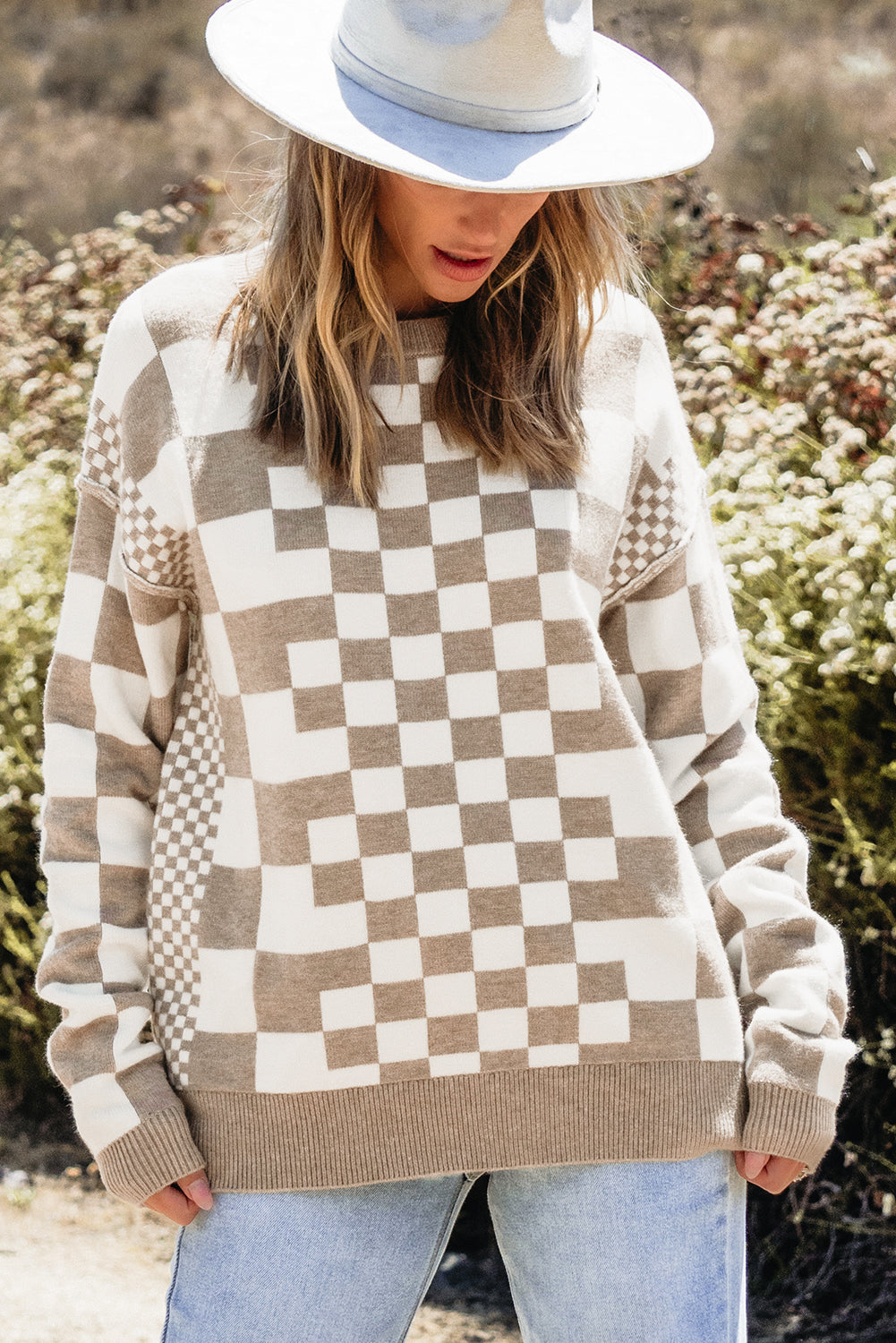 Khaki karo print drop shoulder rundhalsausschnitt pullover