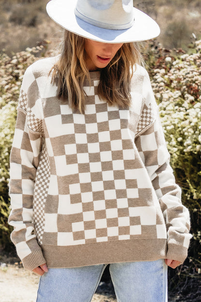 Khaki karo print drop shoulder rundhalsausschnitt pullover