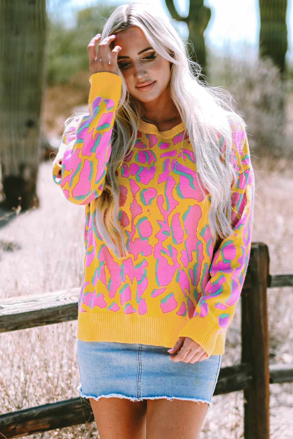 Vitality orange abstrakte druck gerippte trim baggy pullover