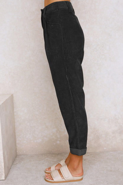 Schwarze cordhose mit hoher taille und geradem bein