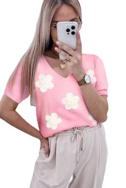 Rosa blume gehäkelt v-ausschnitt kurzarm pullover