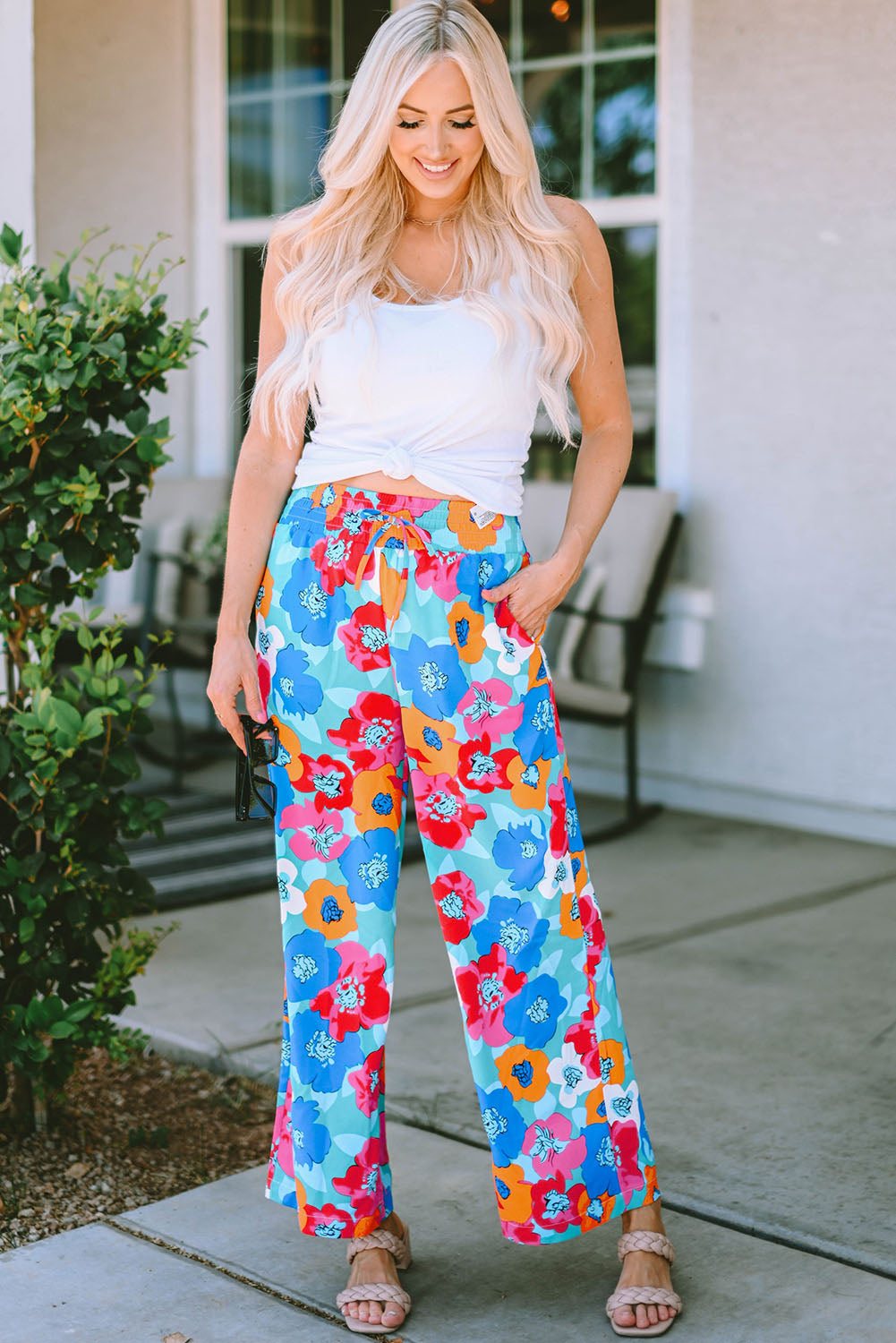 Mehrfarbige abstrakte florale druck kordelzug breite taille hose