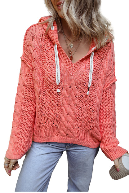 Gold flame cable knit v neck kontrast pullover mit kapuze und kordelzug