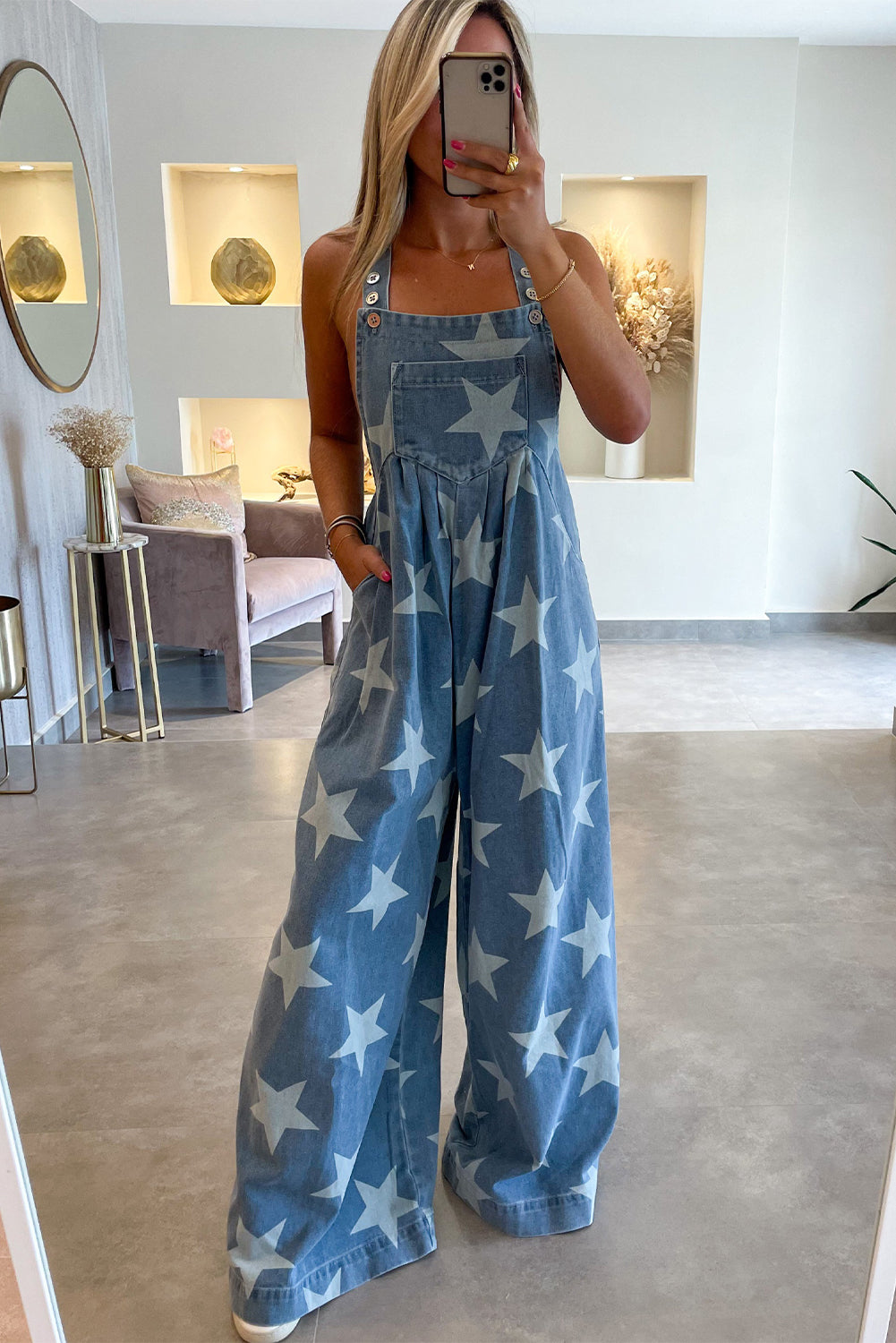Star print geknöpftes band falte weites bein denim overall