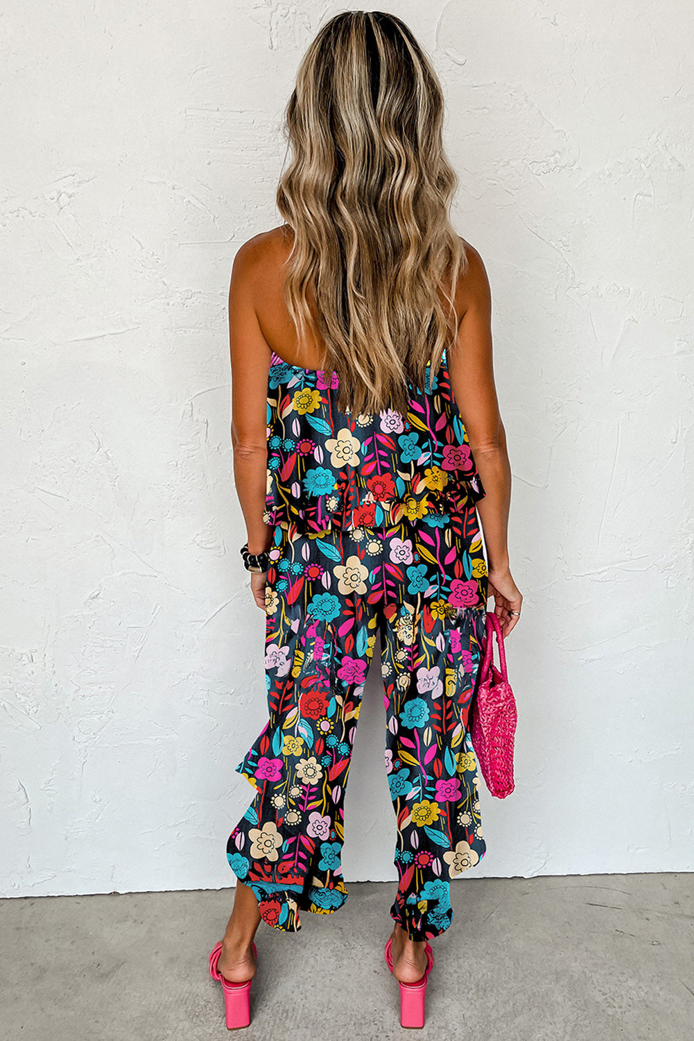 Rot mix tropical print trägerloser geraffter jumpsuit