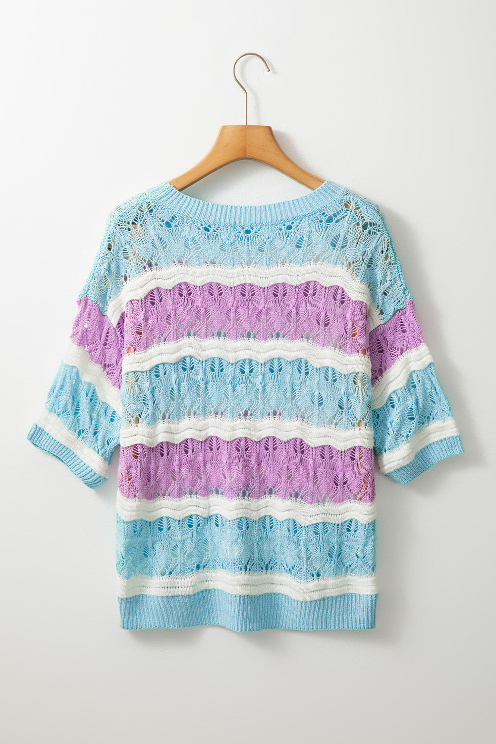 Lila streifen farbe block hollow out crochet halbe ärmel pullover