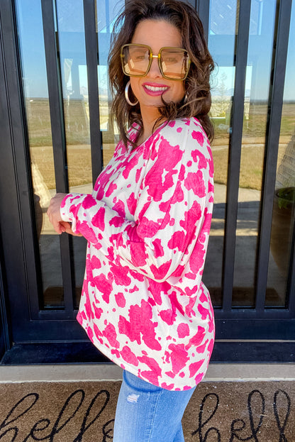 Rose animal print langarm v-ausschnitt plus size top