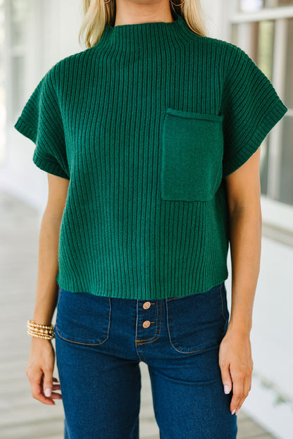 Schwarz-grüner aufgesetzter rippenstrickpullover mit kurzen ärmeln