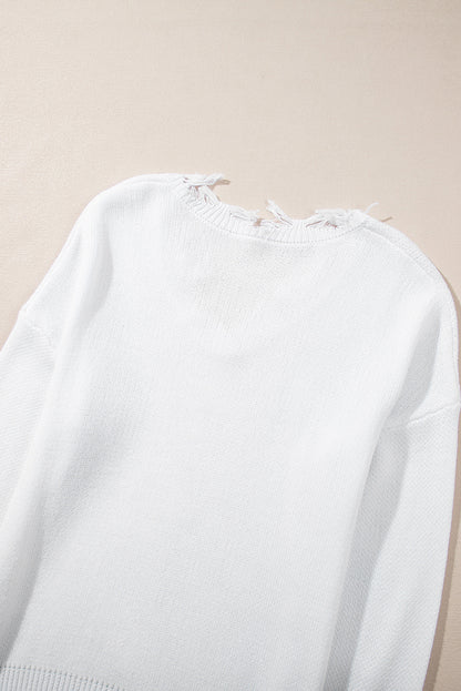 Weißer ausgefranster pailletten-tiger-pullover