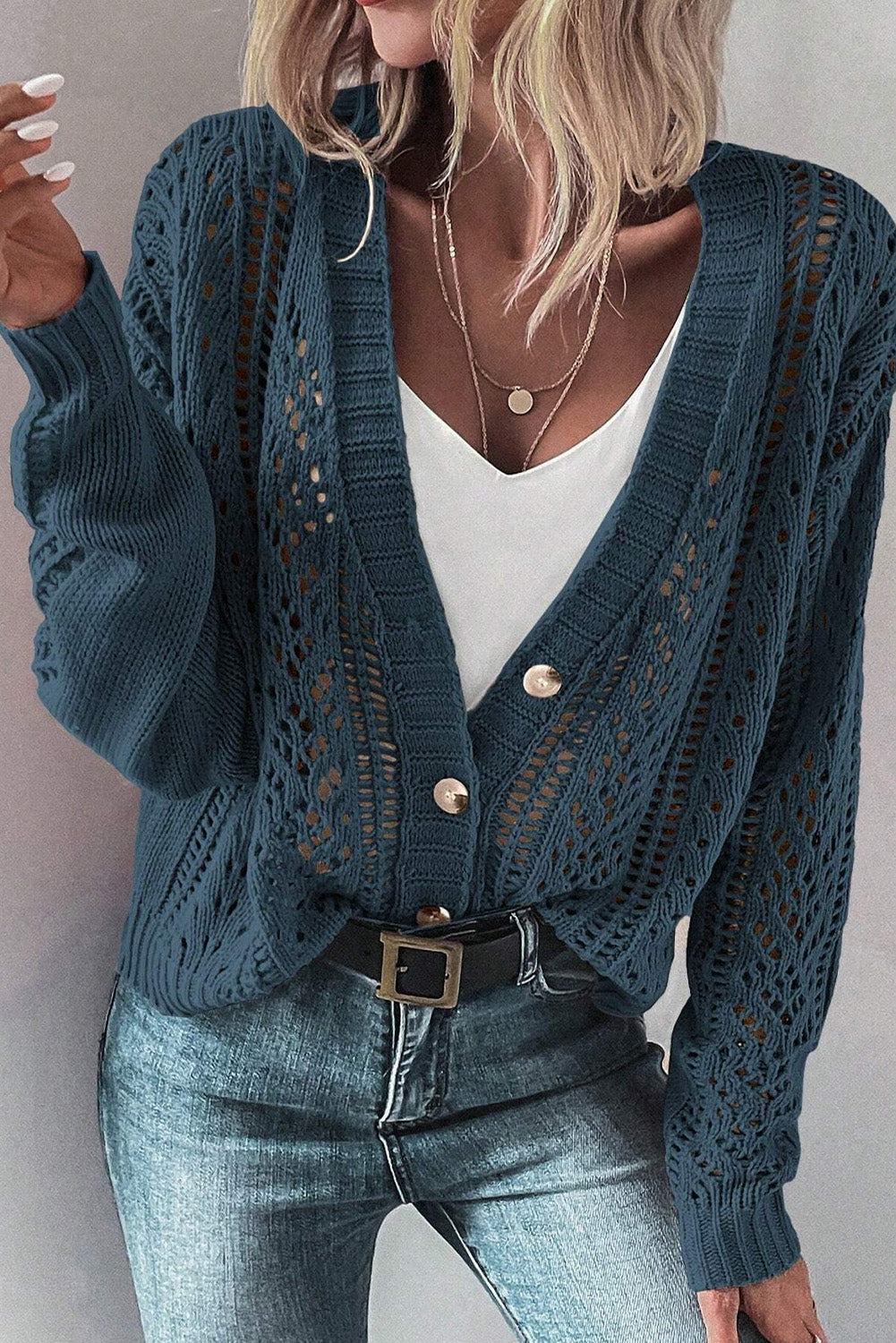 Real teal open knit drop shoulder pullover cardigan