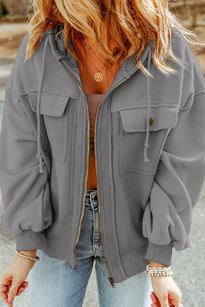Graue klappentasche mit kordelzug kapuze zip up jacke