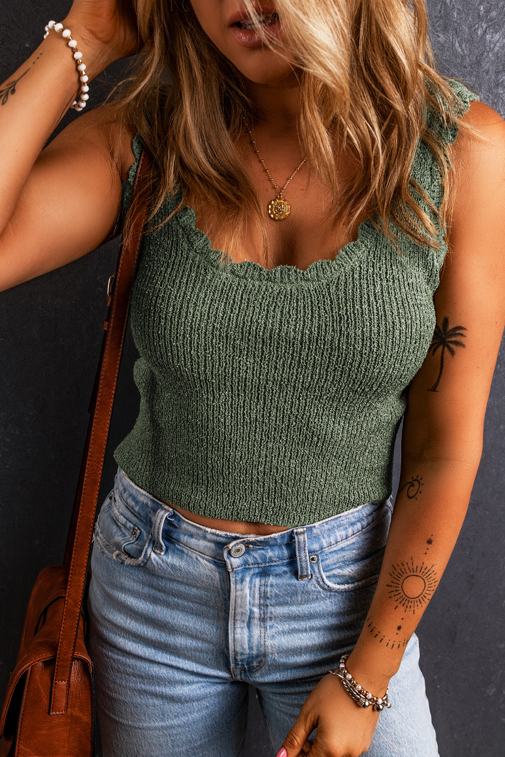 Mist green u neck scallop trim sweater vest