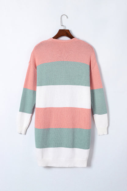 Grüner colorblock-streifen-cardigan mit offener vorderseite