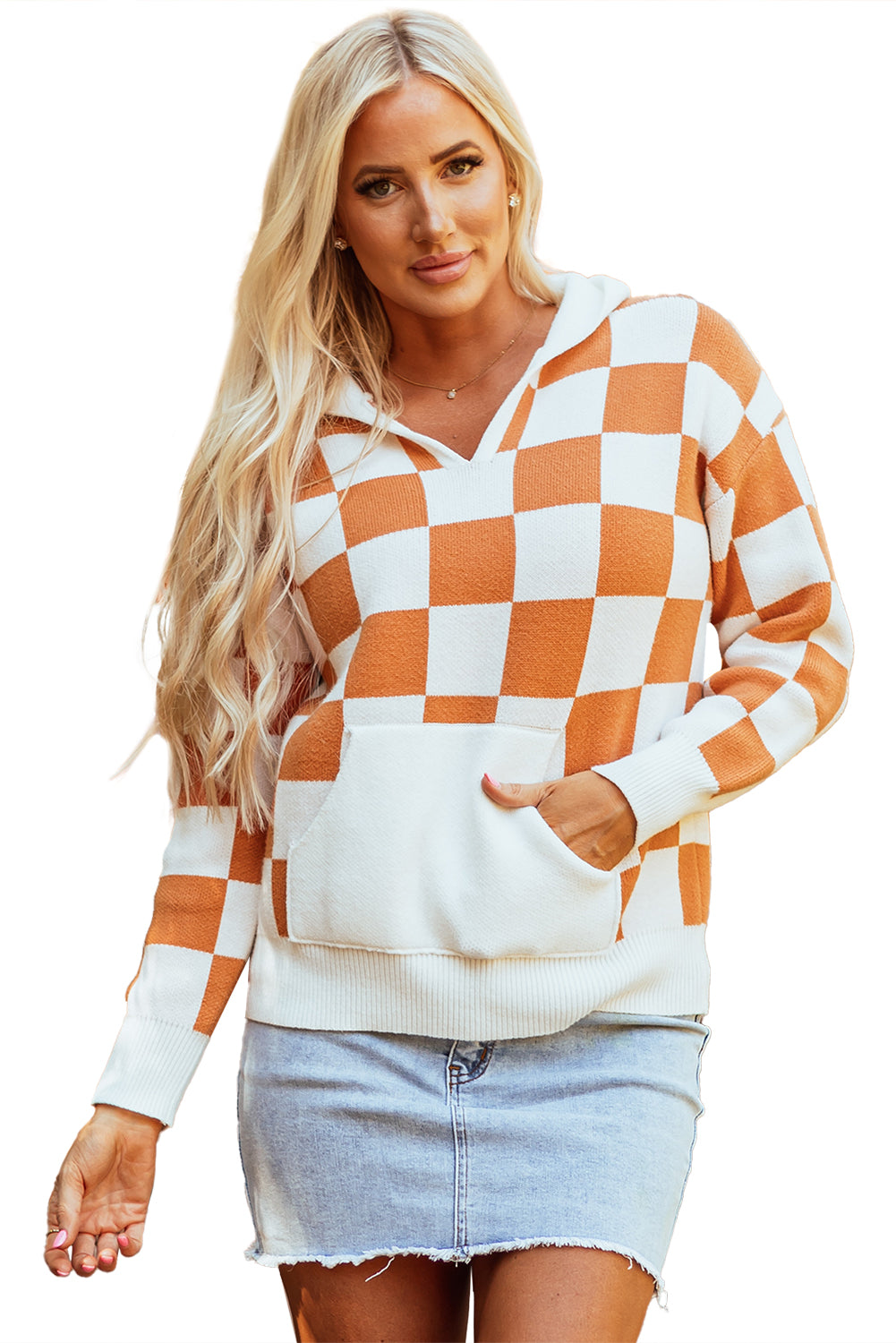 Gold flame checkered split neck kontrast kängurutasche kapuzenpullover