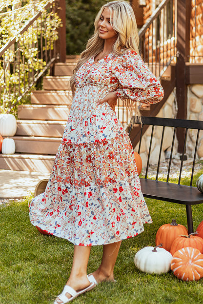 Khakifarbenes langarm-midikleid mit blumenmuster und gerafftem v-ausschnitt