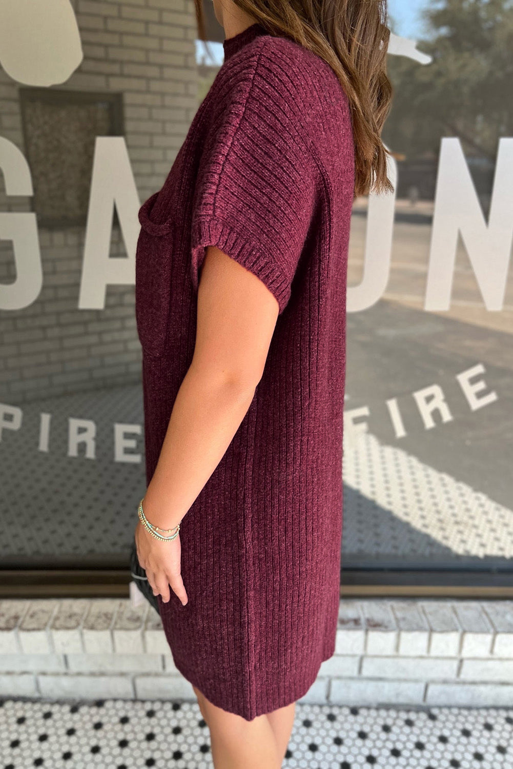 Red dahlia aufnäher tasche gerippt stricken kurze ärmel pullover kleid