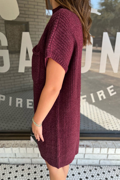 Red dahlia aufnäher tasche gerippt stricken kurze ärmel pullover kleid