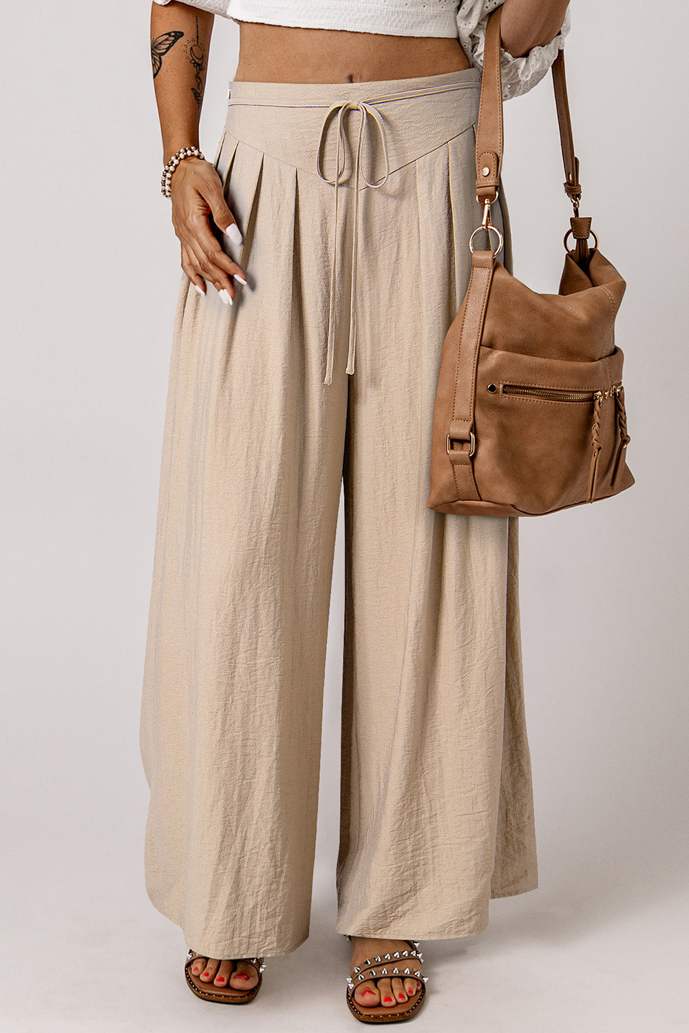 Beige kordelzug taille plissiert weites bein freizeithose