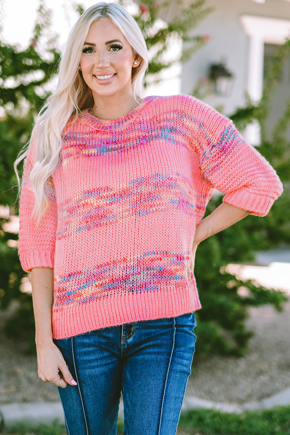 Rose bunte streifen 3/4 ärmel lose pullover