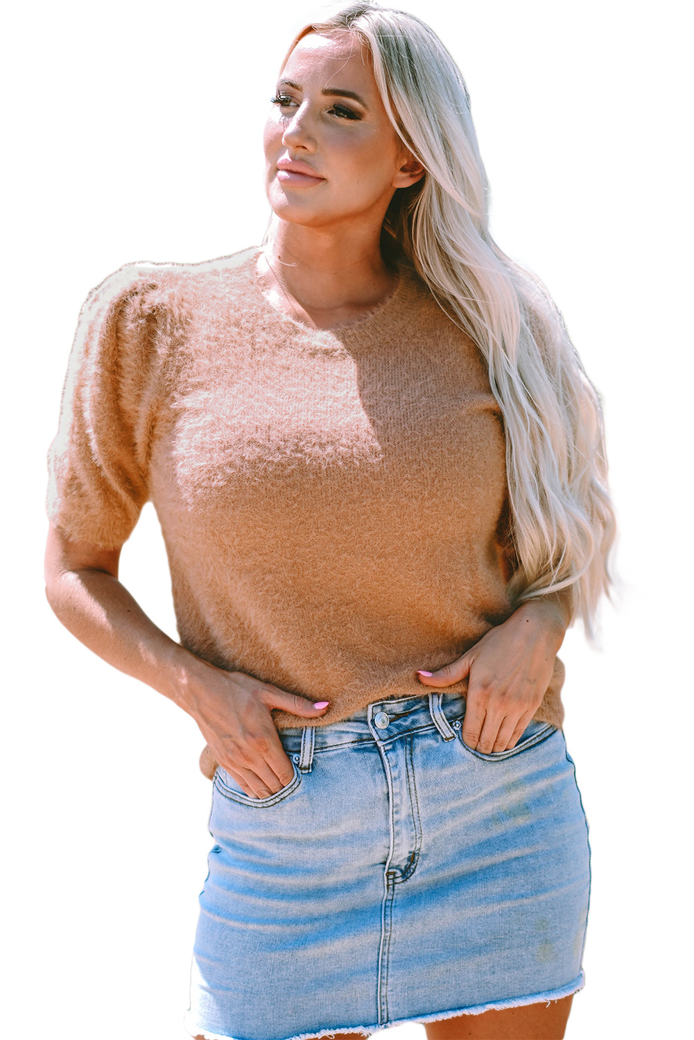 Light french beige fuzzy short sleeve pullover